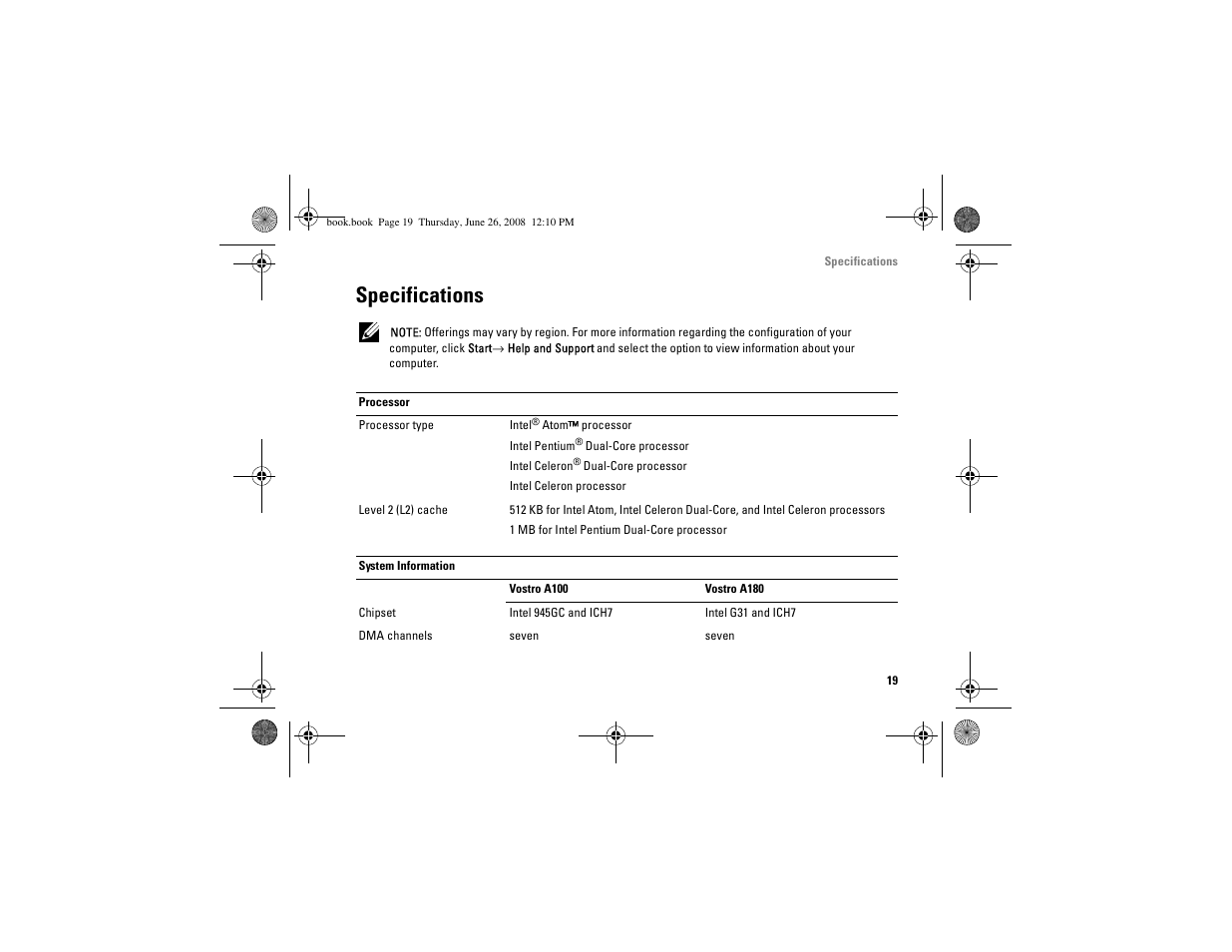 Specifications | Dell Vostro A100 (Early 2009) User Manual | Page 19 / 76