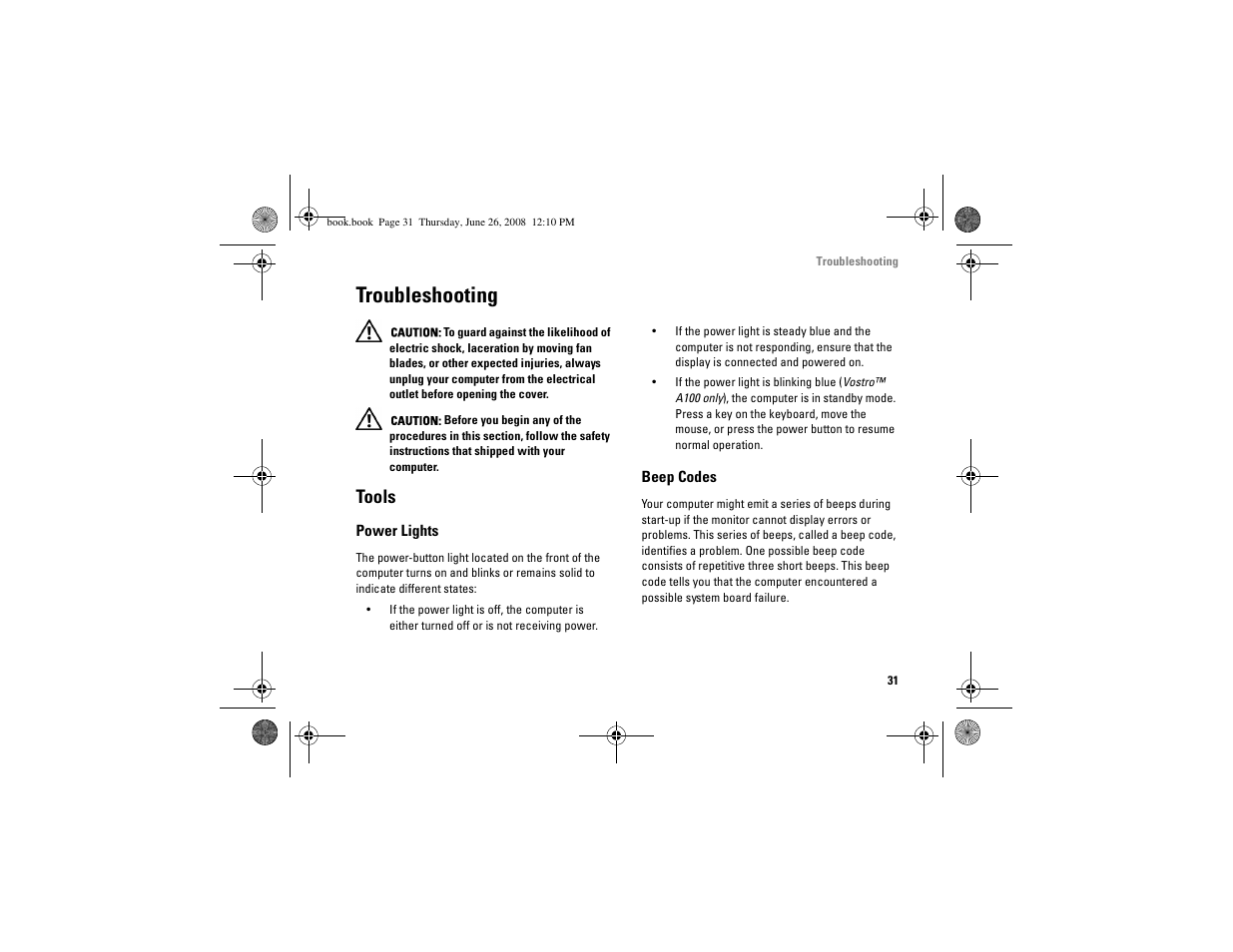 Troubleshooting, Tools, Power lights | Beep codes | Dell Vostro A100 (Early 2009) User Manual | Page 31 / 76