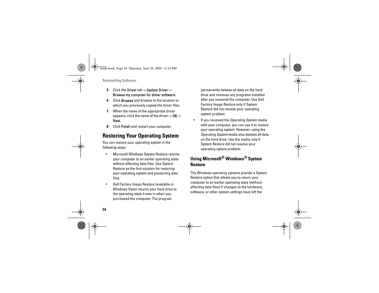 Restoring your operating system, Using microsoft® windows® system restore, Restoring your operating | System, Using microsoft | Dell Vostro A100 (Early 2009) User Manual | Page 54 / 76