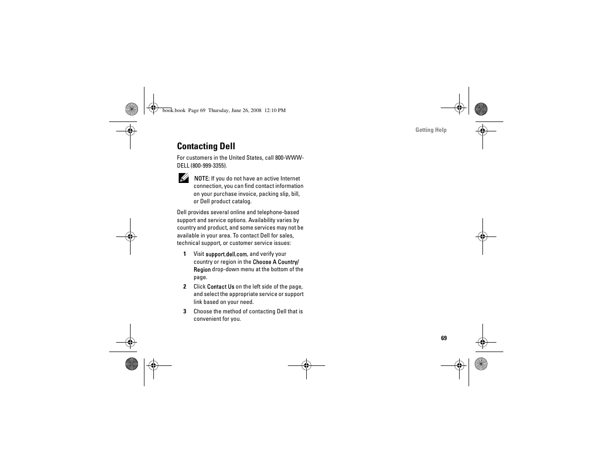 Contacting dell | Dell Vostro A100 (Early 2009) User Manual | Page 69 / 76