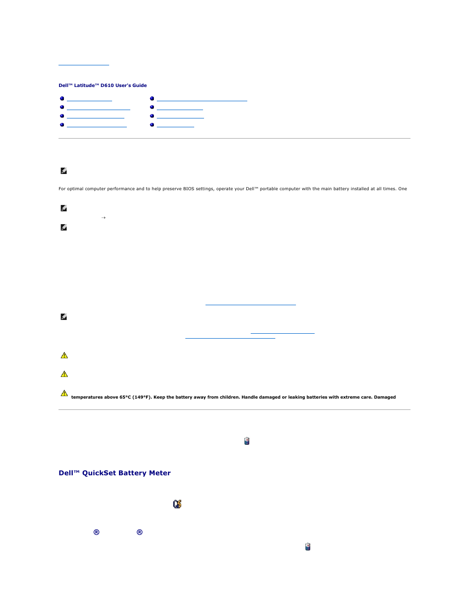 Using a battery, Battery performance, Checking the battery charge | Dell™ quickset battery meter, Microsoft® windows® power meter | Dell Latitude D610 User Manual | Page 12 / 115