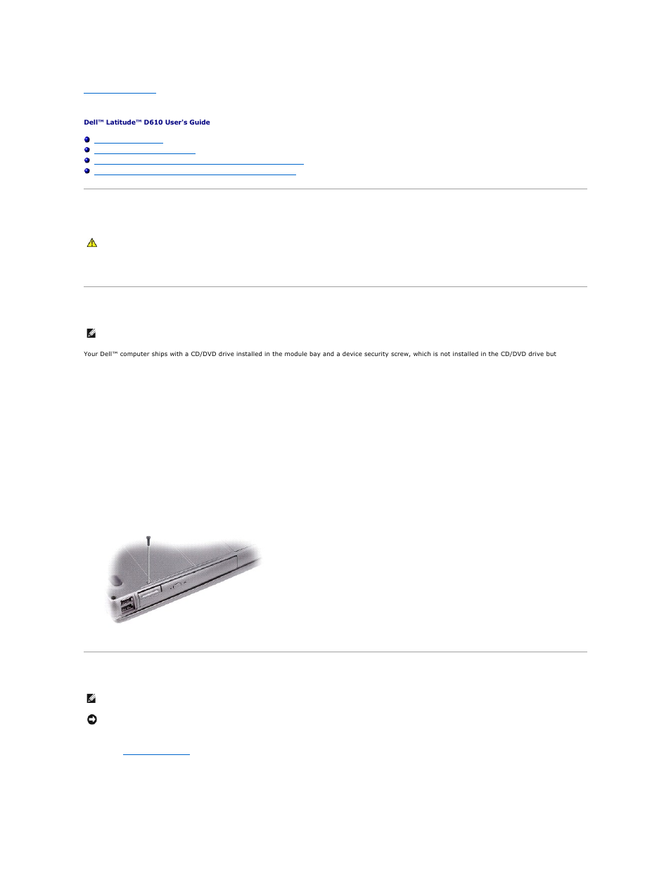 Using the module bay, About the module bay, About the device security screw | Removing the device security screw | Dell Latitude D610 User Manual | Page 16 / 115