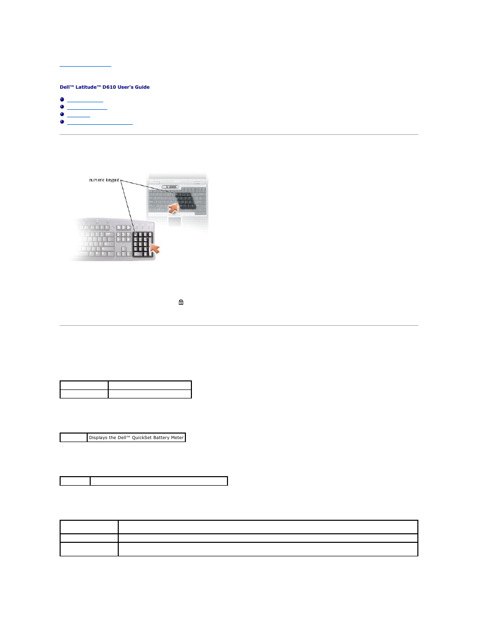 Using the keyboard and touch pad, Numeric keypad, Key combinations | System functions, Battery, Cd or dvd tray, Display functions | Dell Latitude D610 User Manual | Page 61 / 115