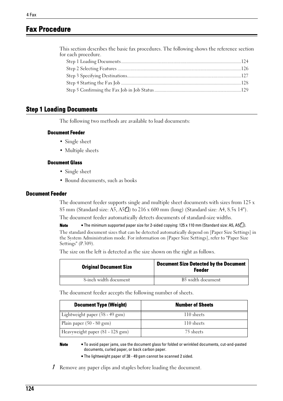 Fax procedure, Step 1 loading documents | Dell C5765DN MFP Color Laser Printer User Manual | Page 124 / 675