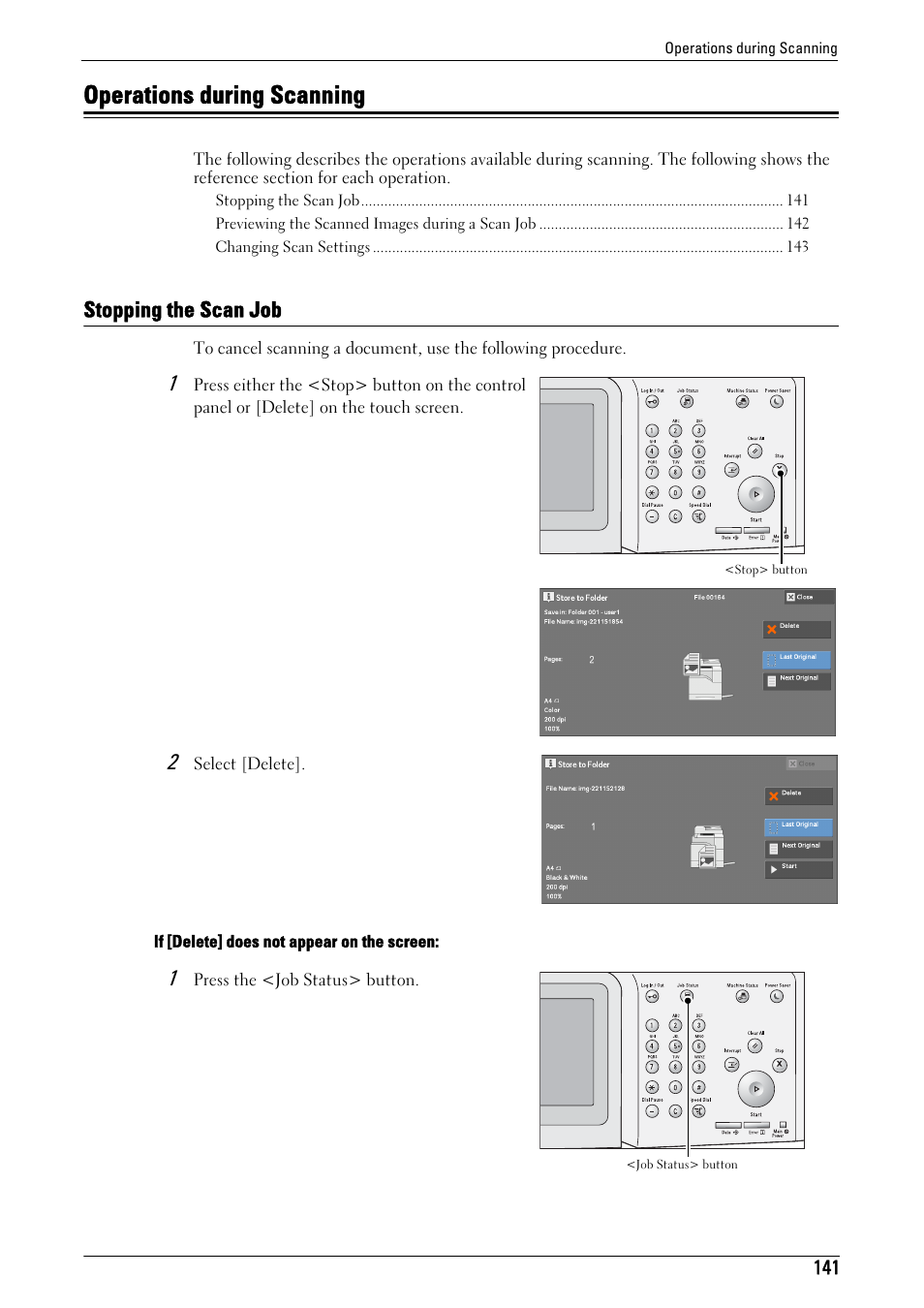 Operations during scanning, Stopping the scan job | Dell C5765DN MFP Color Laser Printer User Manual | Page 141 / 675