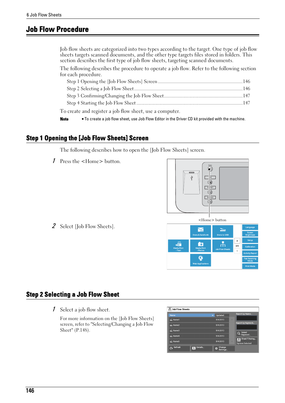 Job flow procedure, Step 1 opening the [job flow sheets] screen, Step 2 selecting a job flow sheet | Dell C5765DN MFP Color Laser Printer User Manual | Page 146 / 675