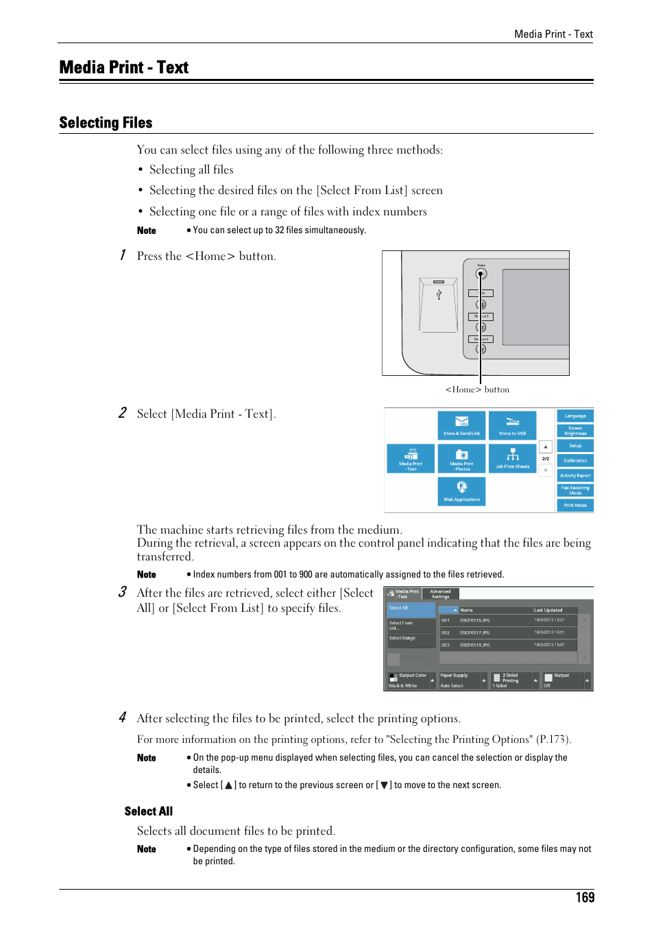 Media print - text, Selecting files | Dell C5765DN MFP Color Laser Printer User Manual | Page 169 / 675