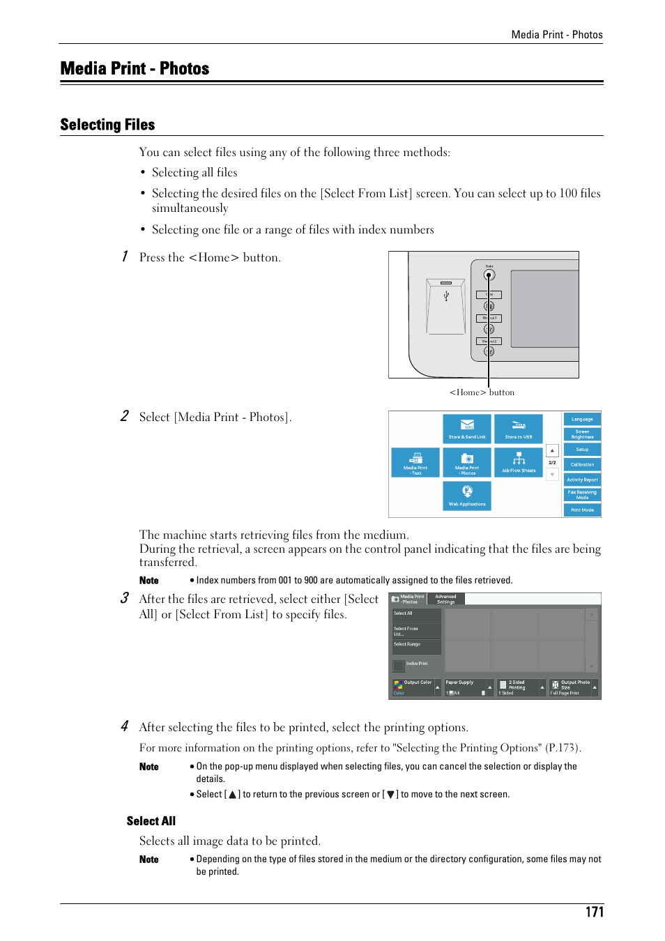 Media print - photos, Selecting files | Dell C5765DN MFP Color Laser Printer User Manual | Page 171 / 675