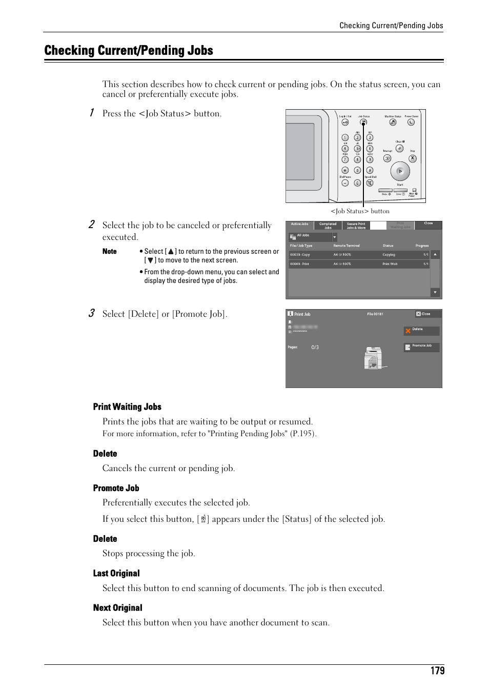 Checking current/pending jobs, R to "checking current/pending jobs" (p.179) | Dell C5765DN MFP Color Laser Printer User Manual | Page 179 / 675