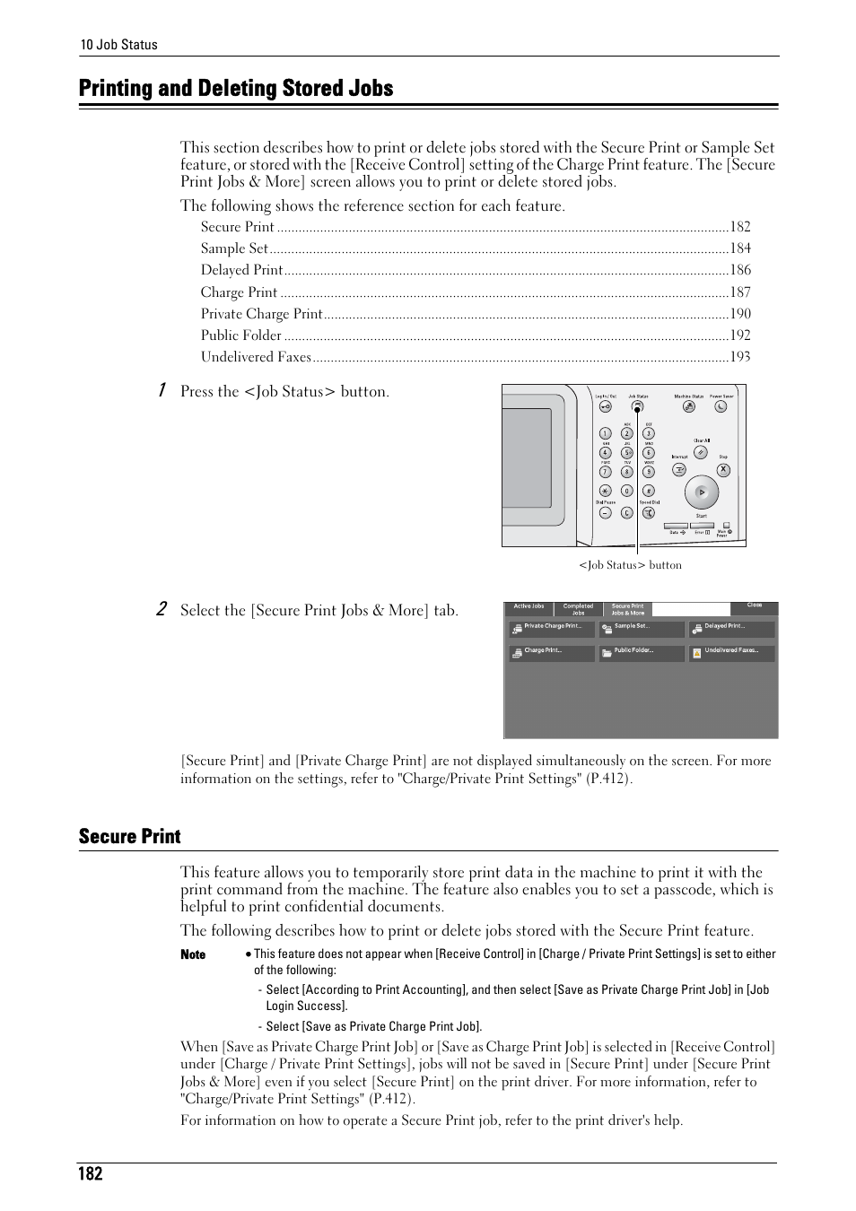 Printing and deleting stored jobs, Secure print, R to "printing and deleting stored jobs" (p.182) | Dell C5765DN MFP Color Laser Printer User Manual | Page 182 / 675