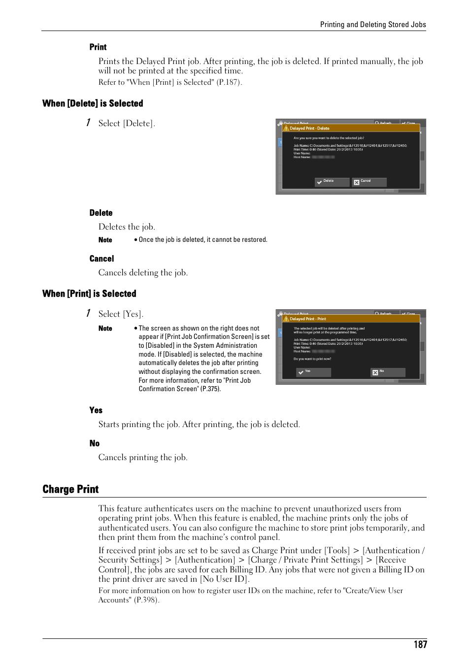 Charge print, When [delete] is selected" (p.187) | Dell C5765DN MFP Color Laser Printer User Manual | Page 187 / 675