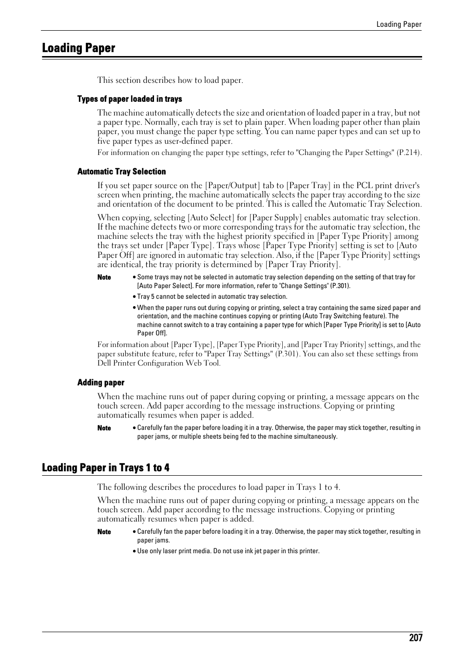 Loading paper, Loading paper in trays 1 to 4, See "loading paper" (p.207) | Dell C5765DN MFP Color Laser Printer User Manual | Page 207 / 675
