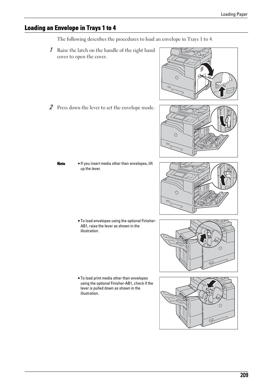 Loading an envelope in trays 1 to 4 | Dell C5765DN MFP Color Laser Printer User Manual | Page 209 / 675