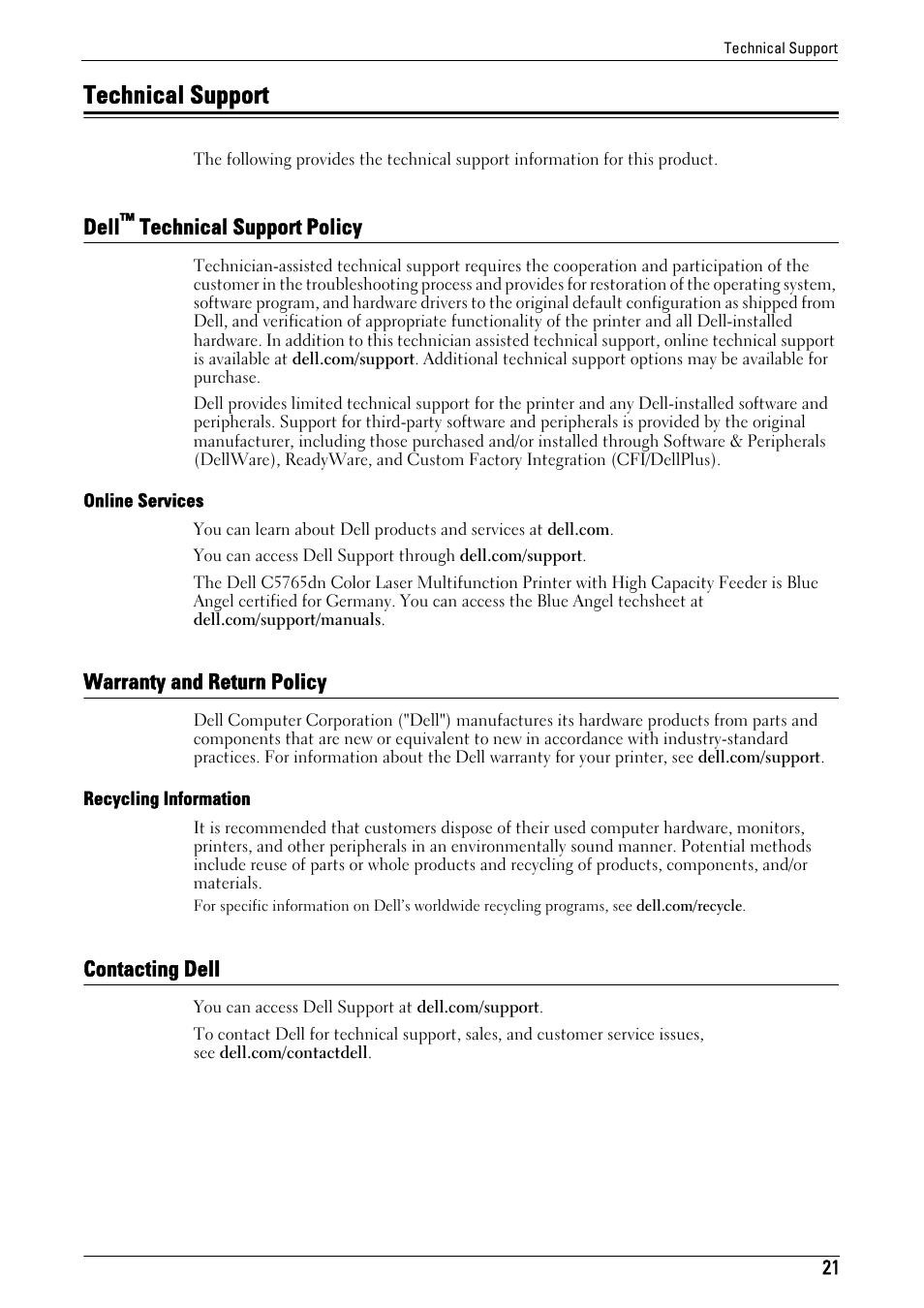 Technical support, Dell™ technical support policy, Warranty and return policy | Contacting dell, Dell, Technical support policy | Dell C5765DN MFP Color Laser Printer User Manual | Page 21 / 675
