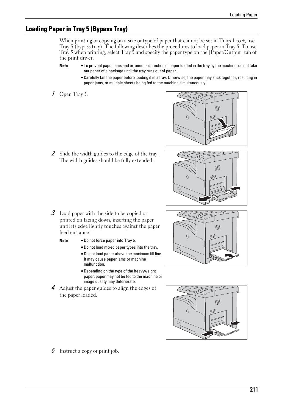 Loading paper in tray 5 (bypass tray) | Dell C5765DN MFP Color Laser Printer User Manual | Page 211 / 675