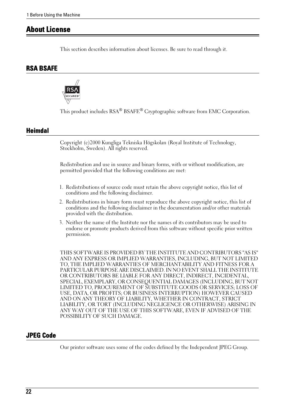 About license, Rsa bsafe, Heimdal | Jpeg code, Rsa bsafe heimdal jpeg code | Dell C5765DN MFP Color Laser Printer User Manual | Page 22 / 675