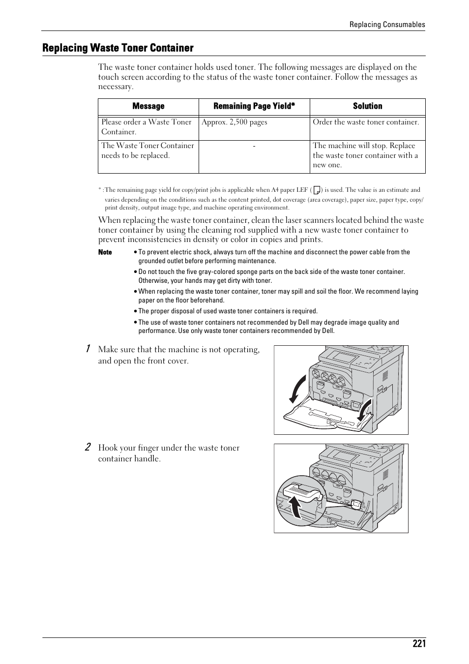 Replacing waste toner container | Dell C5765DN MFP Color Laser Printer User Manual | Page 221 / 675