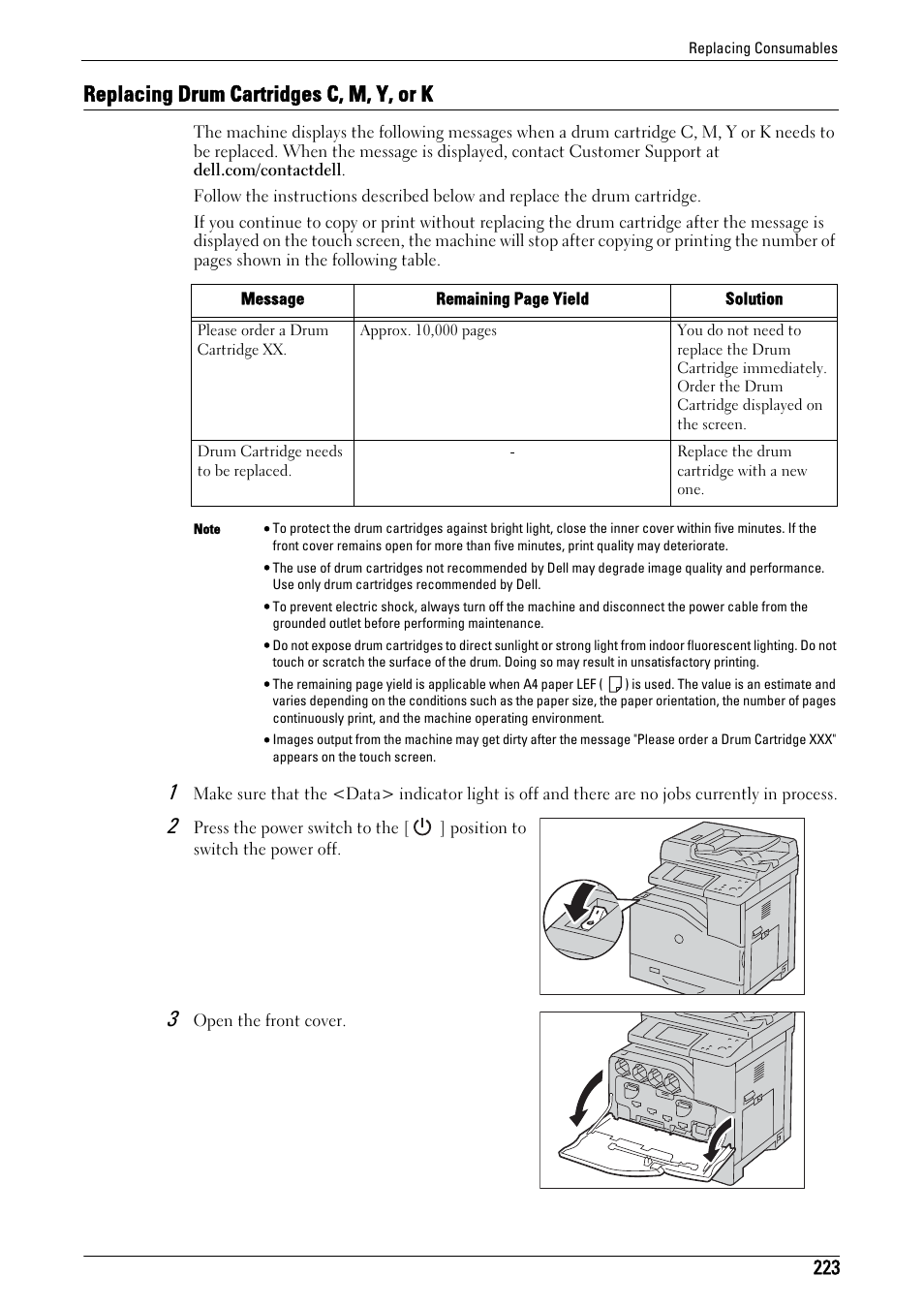 Replacing drum cartridges c, m, y, or k | Dell C5765DN MFP Color Laser Printer User Manual | Page 223 / 675