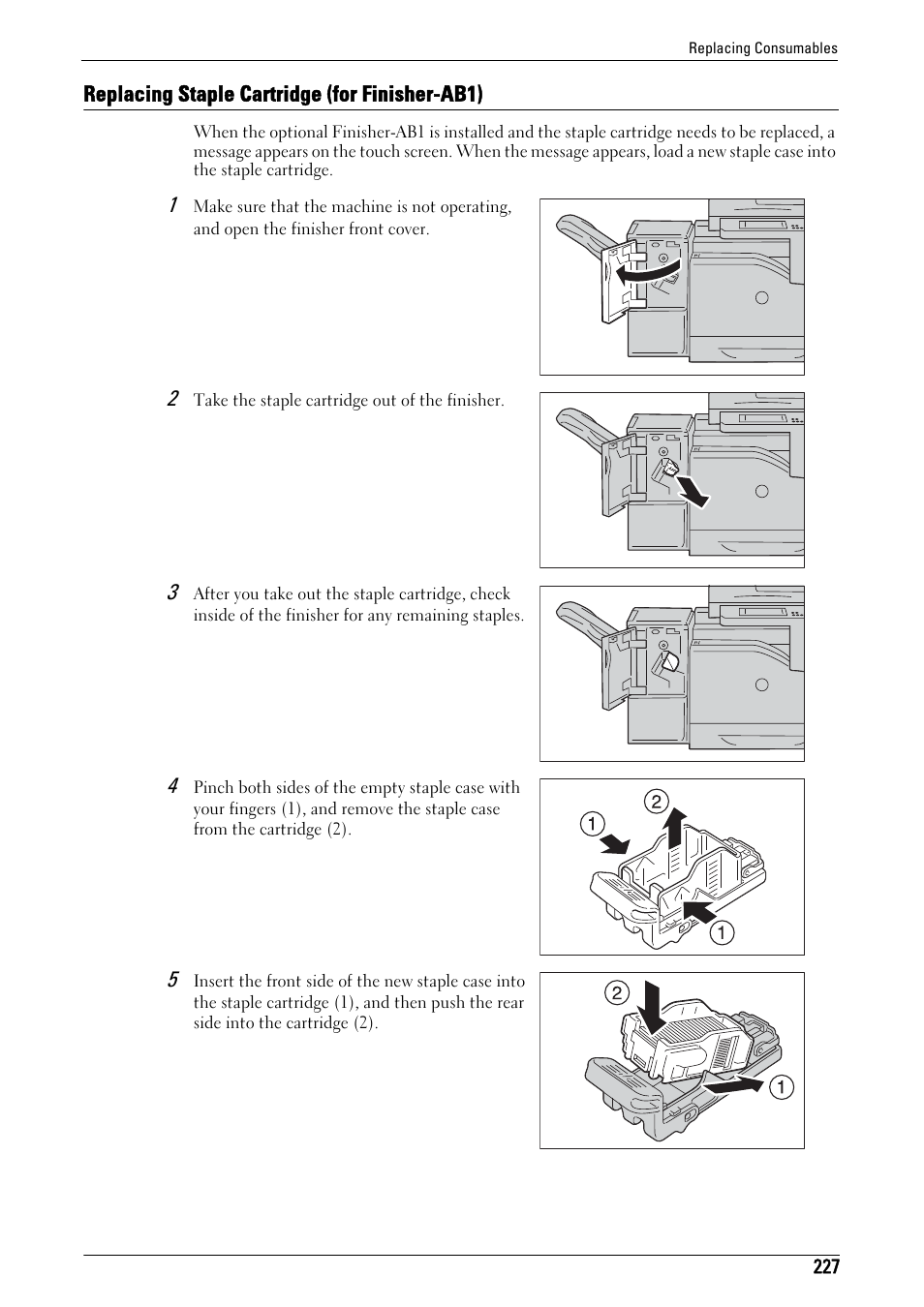 Replacing staple cartridge (for finisher-ab1) | Dell C5765DN MFP Color Laser Printer User Manual | Page 227 / 675