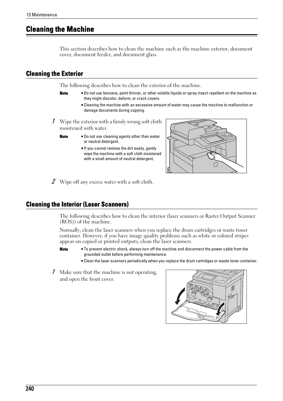 Cleaning the machine, Cleaning the exterior, Cleaning the interior (laser scanners) | Dell C5765DN MFP Color Laser Printer User Manual | Page 240 / 675