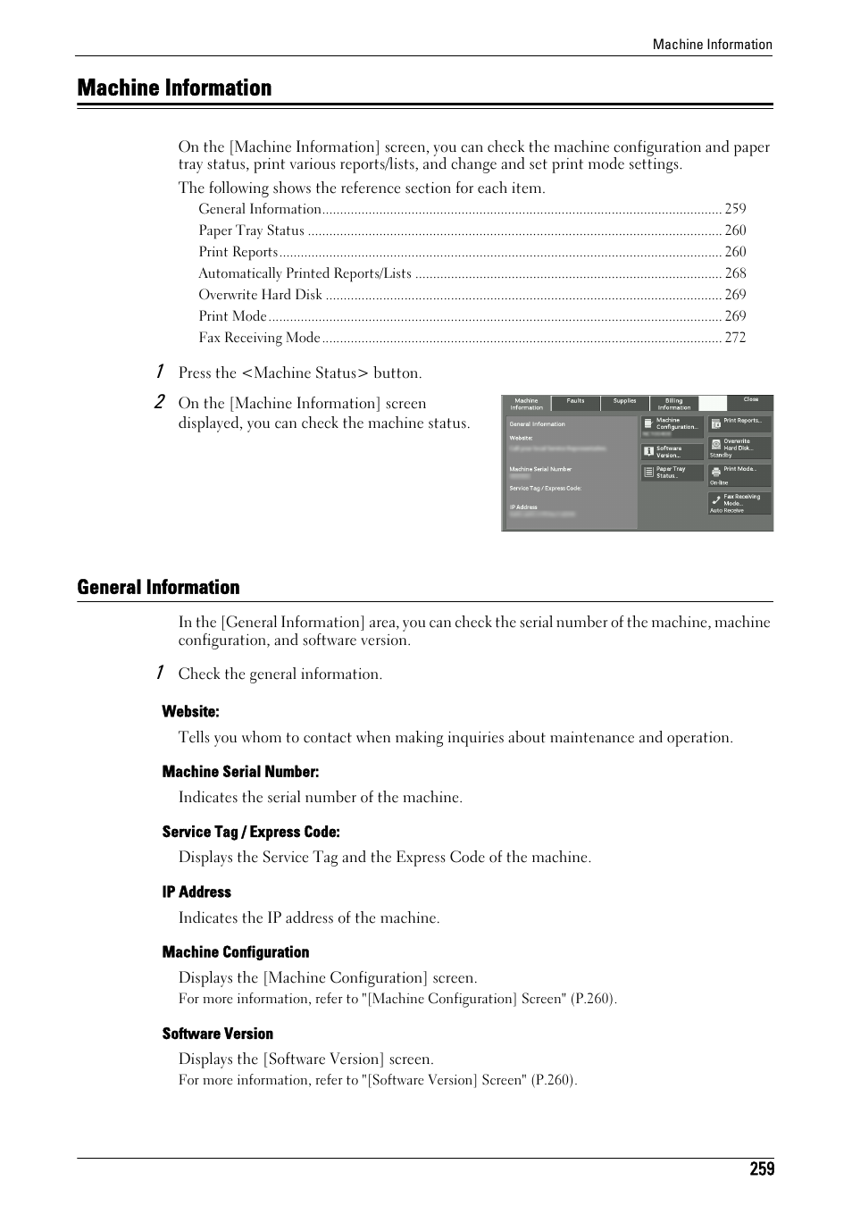 Machine information, General information, To "machine information" (p.259) | Dell C5765DN MFP Color Laser Printer User Manual | Page 259 / 675