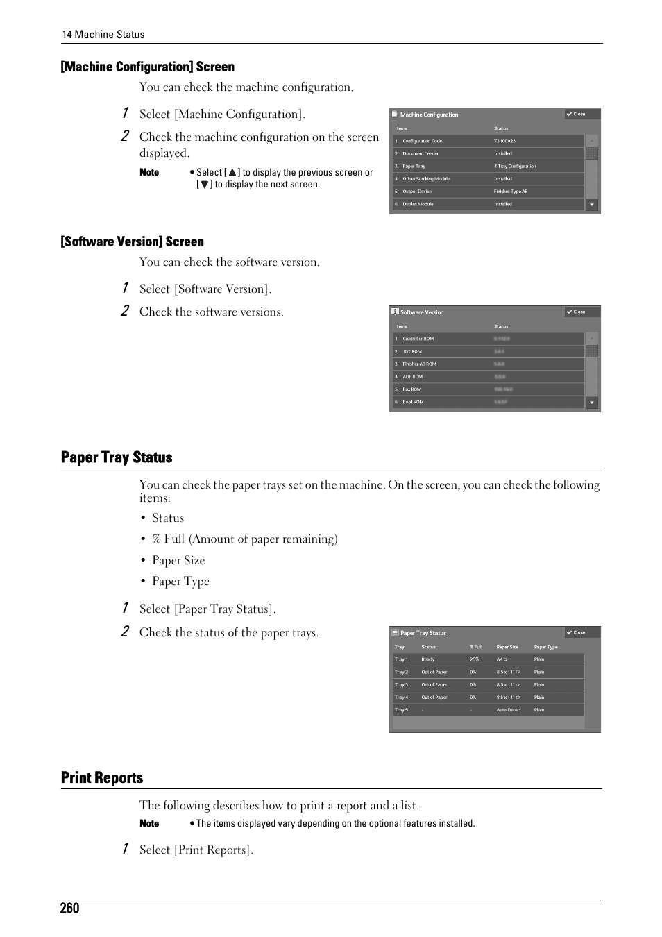 Paper tray status, Print reports, Paper tray status print reports | To "[machine configuration] screen" (p.260), To "[software version] screen" (p.260) | Dell C5765DN MFP Color Laser Printer User Manual | Page 260 / 675