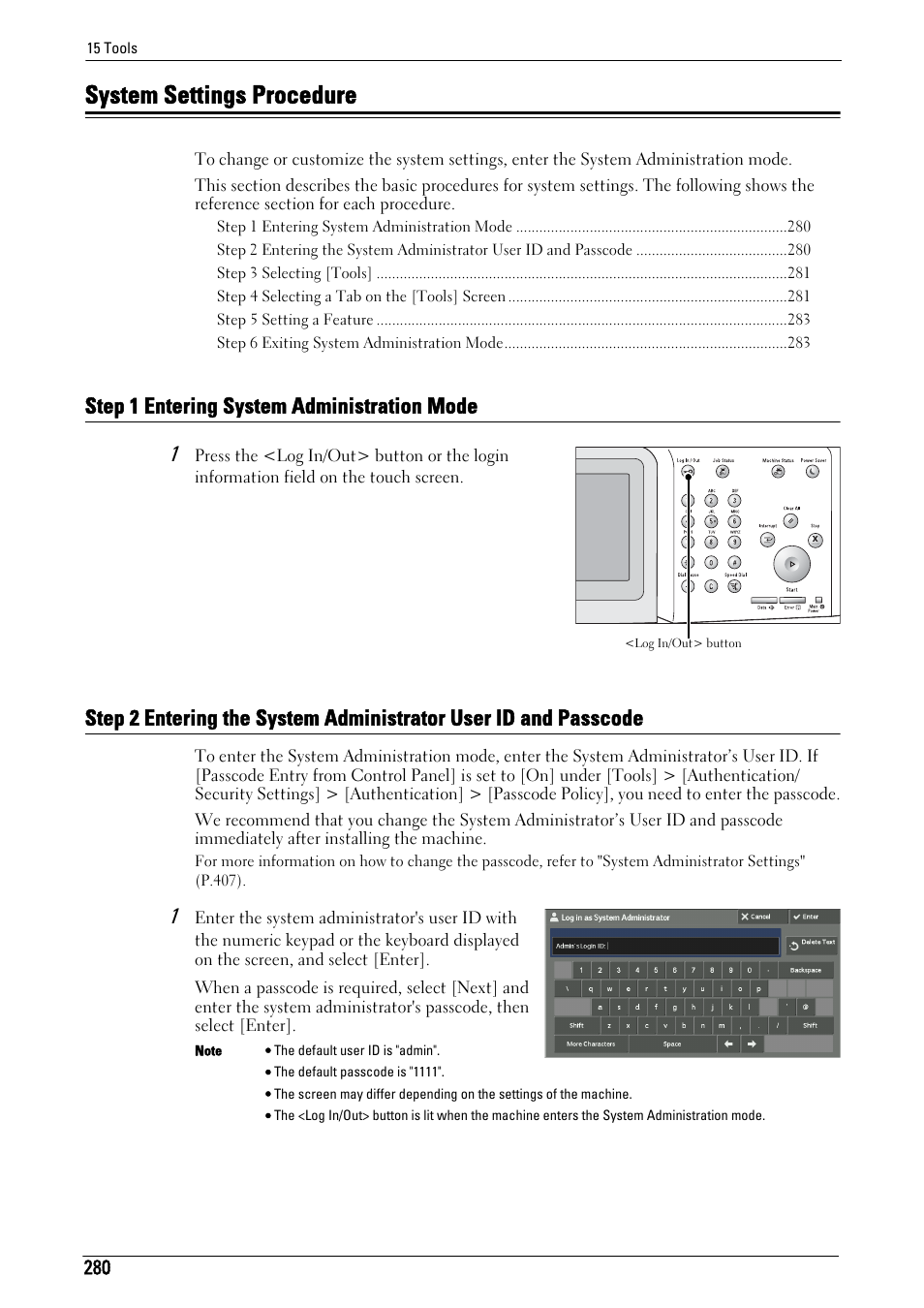 System settings procedure, Step 1 entering system administration mode | Dell C5765DN MFP Color Laser Printer User Manual | Page 280 / 675