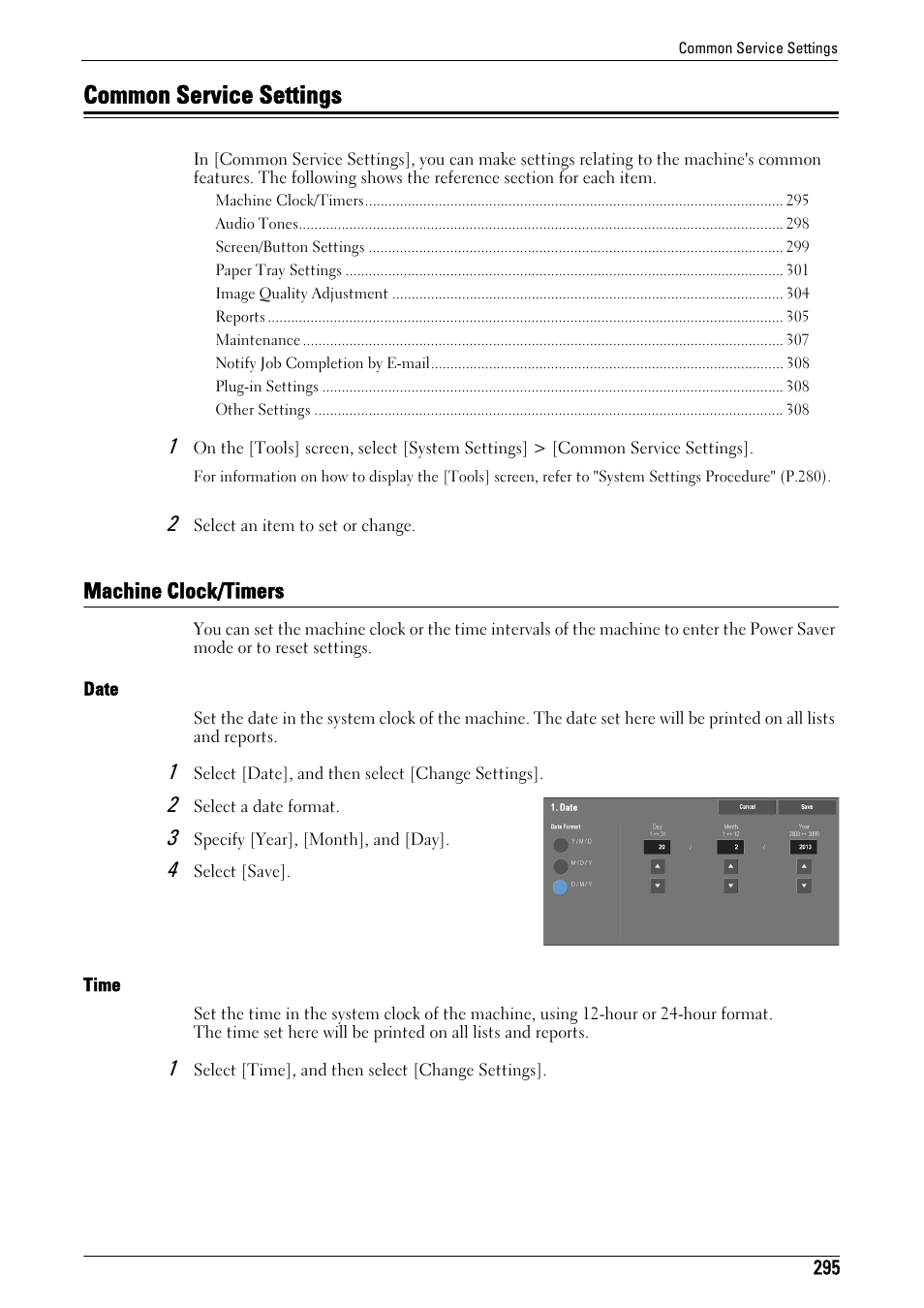 Common service settings, Machine clock/timers, Common service settings" (p.295) | Machine clock/timers" (p.295), Date" (p.295), Time" (p.295) | Dell C5765DN MFP Color Laser Printer User Manual | Page 295 / 675