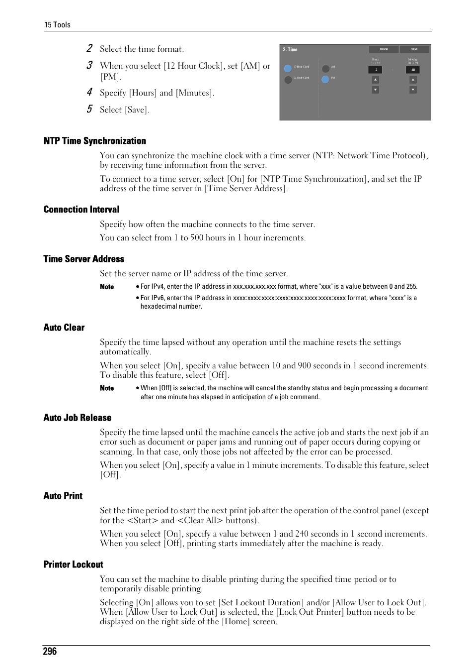 To "auto job release" (p.296), Ntp time synchronization" (p.296), Connection interval" (p.296) | Time server address" (p.296), Auto clear" (p.296), Auto job release" (p.296), Auto print" (p.296), Printer lockout" (p.296) | Dell C5765DN MFP Color Laser Printer User Manual | Page 296 / 675