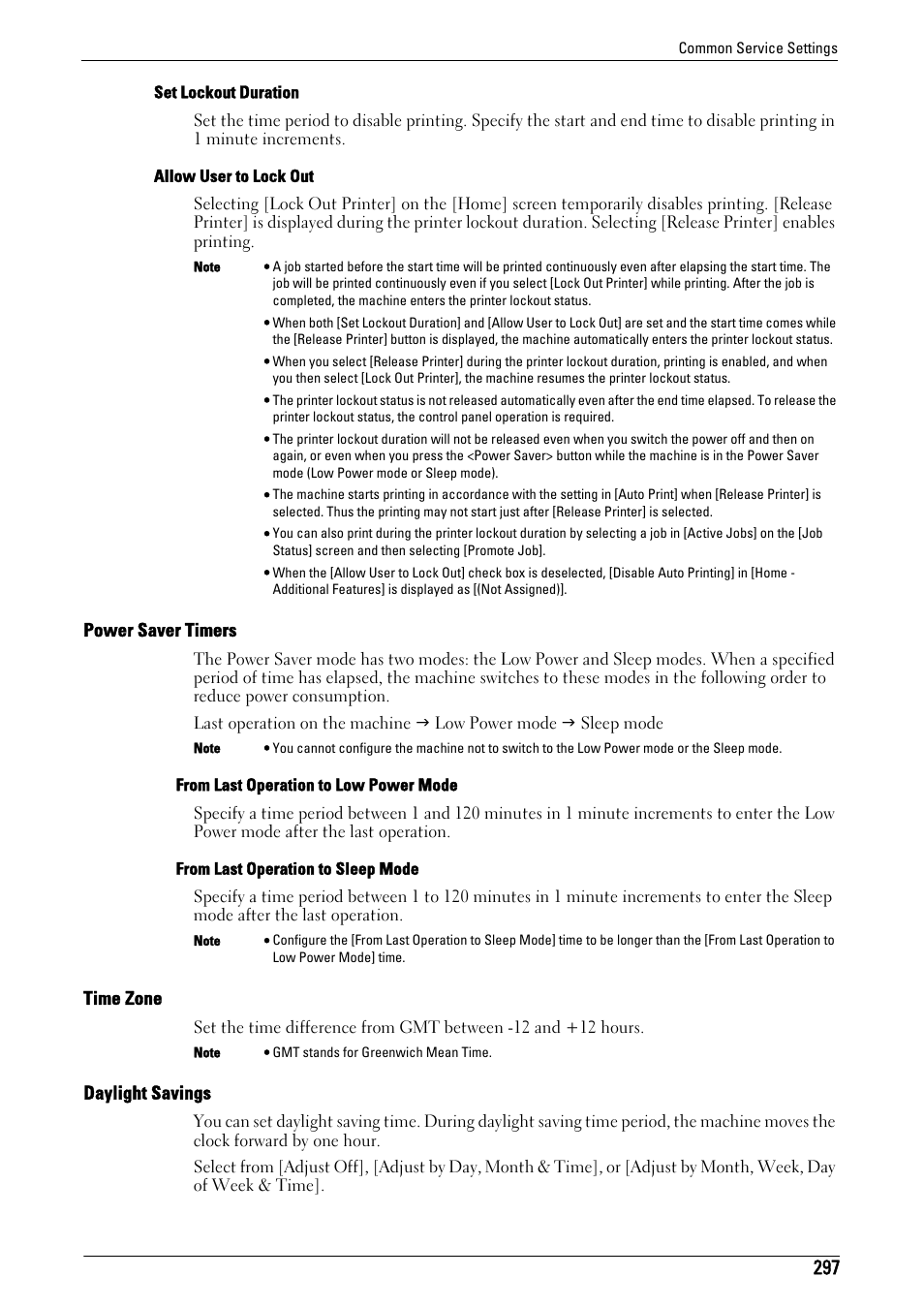 Power saver timers" (p.297), Time zone" (p.297), Daylight savings" (p.297) | Dell C5765DN MFP Color Laser Printer User Manual | Page 297 / 675