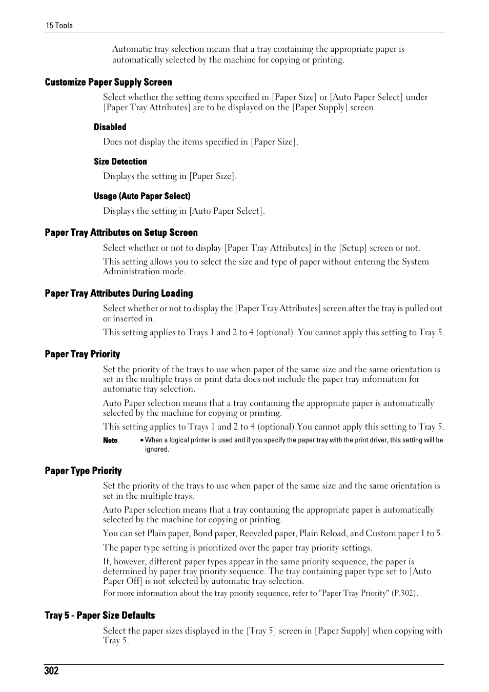 Customize paper supply screen" (p.302), Paper tray attributes on setup screen" (p.302), Paper tray attributes during loading" (p.302) | Paper tray priority" (p.302), Paper type priority" (p.302), Tray 5 - paper size defaults" (p.302) | Dell C5765DN MFP Color Laser Printer User Manual | Page 302 / 675