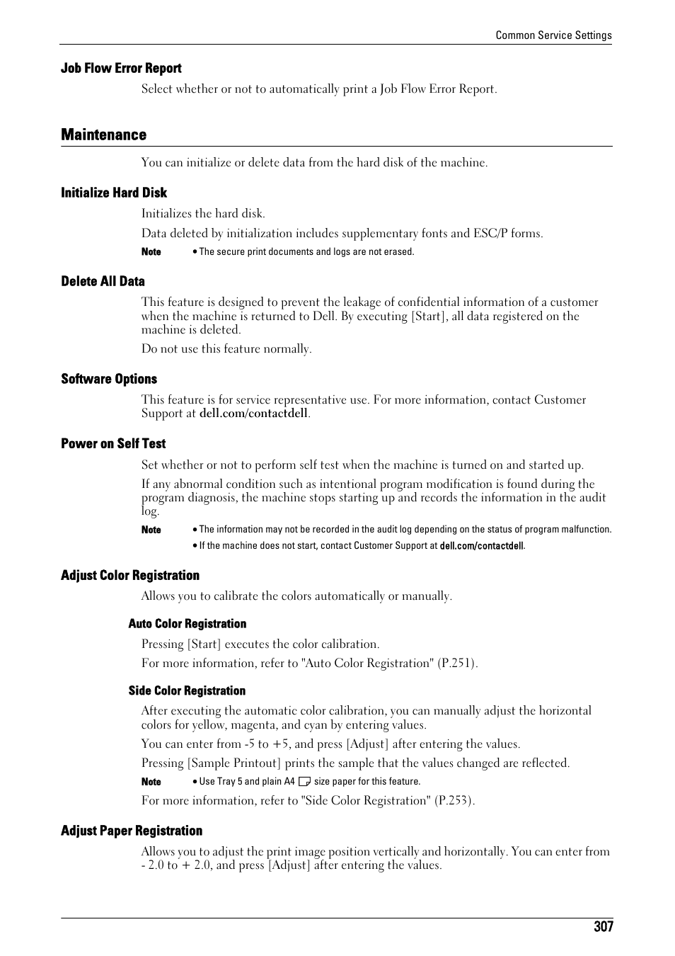 Maintenance, Job flow error report" (p.307), Maintenance" (p.307) | Initialize hard disk" (p.307), Delete all data" (p.307), Software options" (p.307), Power on self test" (p.307), Adjust color registration" (p.307), Adjust paper registration" (p.307) | Dell C5765DN MFP Color Laser Printer User Manual | Page 307 / 675