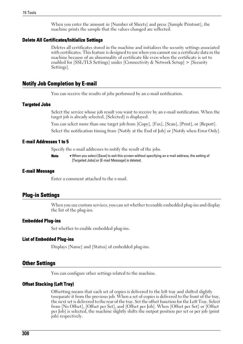 Notify job completion by e-mail, Plug-in settings, Other settings | P.308), Targeted jobs" (p.308), E-mail addresses 1 to 5" (p.308), E-mail message" (p.308), Plug-in settings" (p.308), Embedded plug-ins" (p.308), List of embedded plug-ins" (p.308) | Dell C5765DN MFP Color Laser Printer User Manual | Page 308 / 675