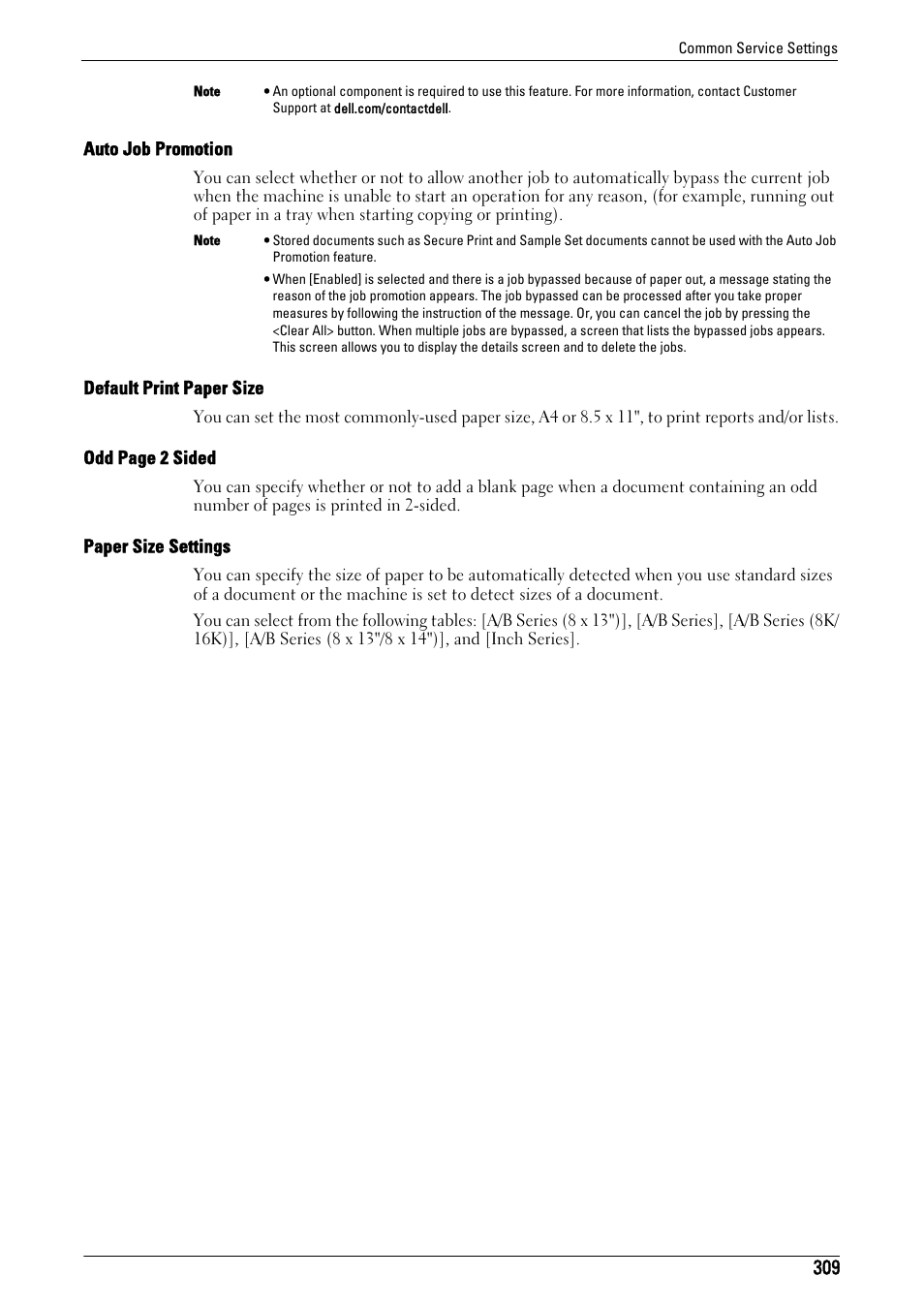 R to "paper size, Settings" (p.309), To "paper size settings" (p.309) | Paper size, Auto job promotion" (p.309), Default print paper size" (p.309), Paper size settings" (p.309) | Dell C5765DN MFP Color Laser Printer User Manual | Page 309 / 675