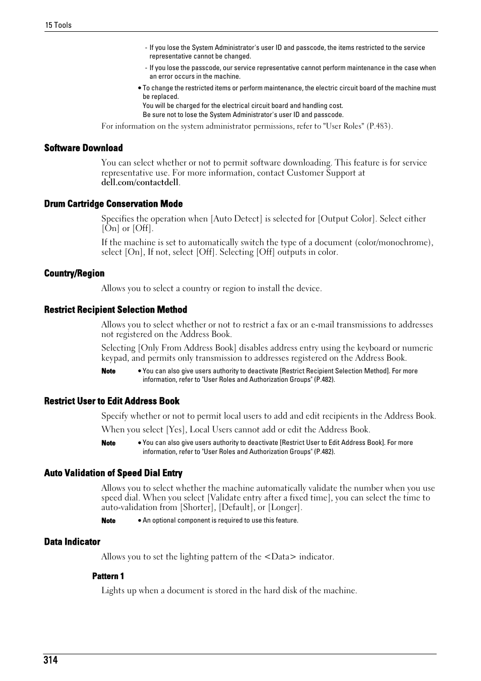 Software download" (p.314), Drum cartridge conservation mode" (p.314), Country/region" (p.314) | Restrict recipient selection method" (p.314), Restrict user to edit address book" (p.314), Auto validation of speed dial entry" (p.314), Data indicator" (p.314) | Dell C5765DN MFP Color Laser Printer User Manual | Page 314 / 675
