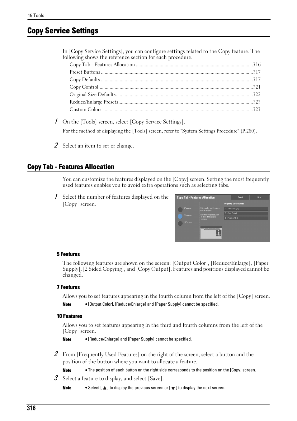 Copy service settings, Copy tab - features allocation, Refer to "copy tab - features allocation" (p.316) | Copy service settings" (p.316), Copy tab - features allocation" (p.316) | Dell C5765DN MFP Color Laser Printer User Manual | Page 316 / 675