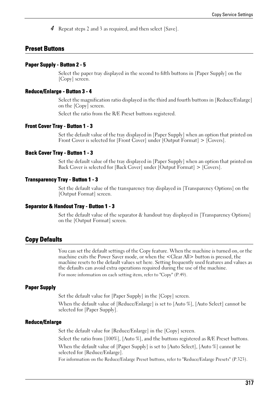 Preset buttons, Copy defaults, Preset buttons copy defaults | Reduce/enlarge - button 3 - 4" (p.317), Preset buttons" (p.317), Paper supply - button 2 - 5" (p.317), Front cover tray - button 1 - 3" (p.317), Back cover tray - button 1 - 3" (p.317), Transparency tray - button 1 - 3" (p.317), Separator & handout tray - button 1 - 3" (p.317) | Dell C5765DN MFP Color Laser Printer User Manual | Page 317 / 675
