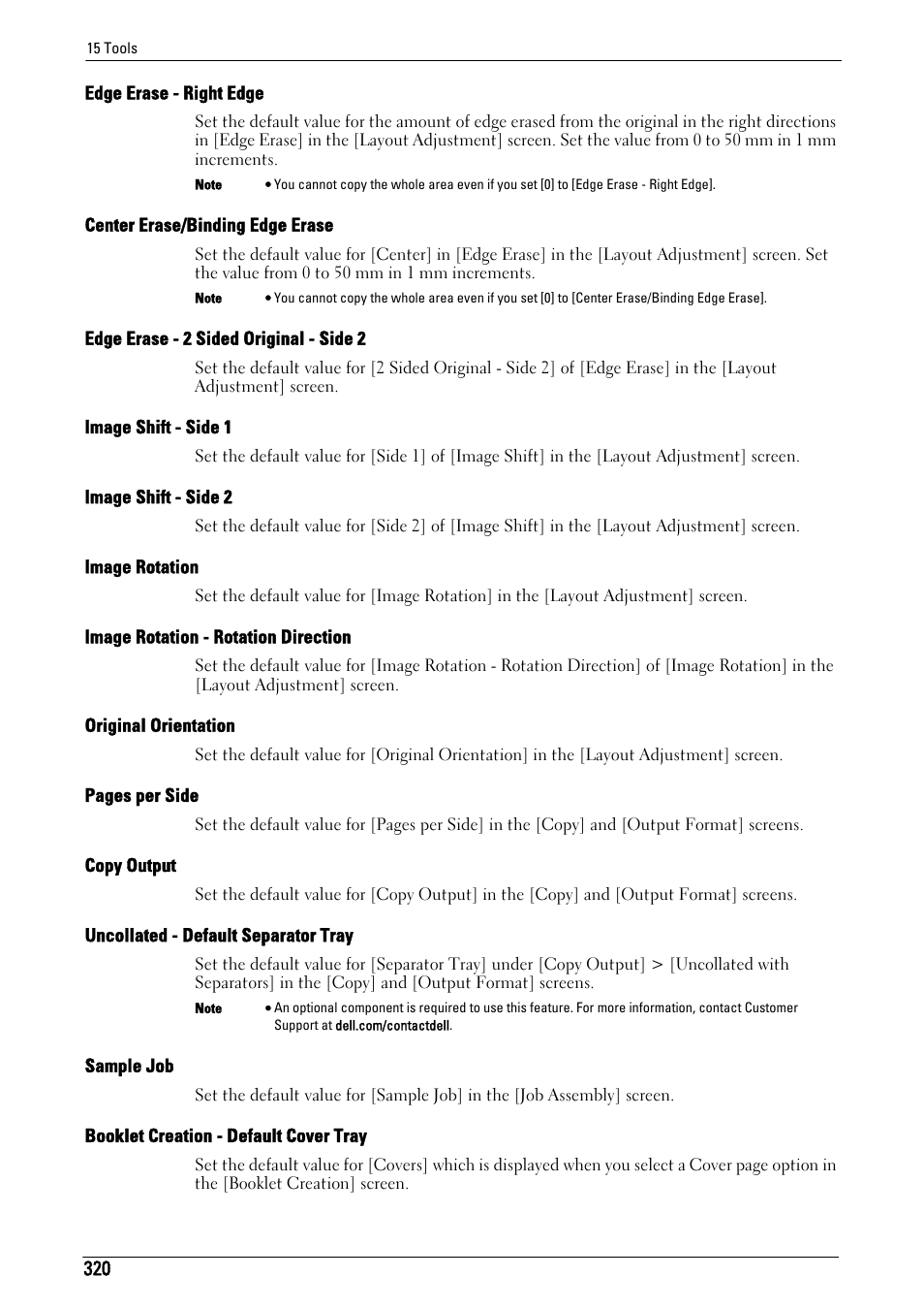 Edge erase - right edge" (p.320), Center erase/binding edge erase" (p.320), Edge erase - 2 sided original - side 2" (p.320) | Image shift - side 1" (p.320), Image shift - side 2" (p.320), Image rotation" (p.320), Image rotation - rotation direction" (p.320), Original orientation" (p.320), Copy output" (p.320), Uncollated - default separator tray" (p.320) | Dell C5765DN MFP Color Laser Printer User Manual | Page 320 / 675