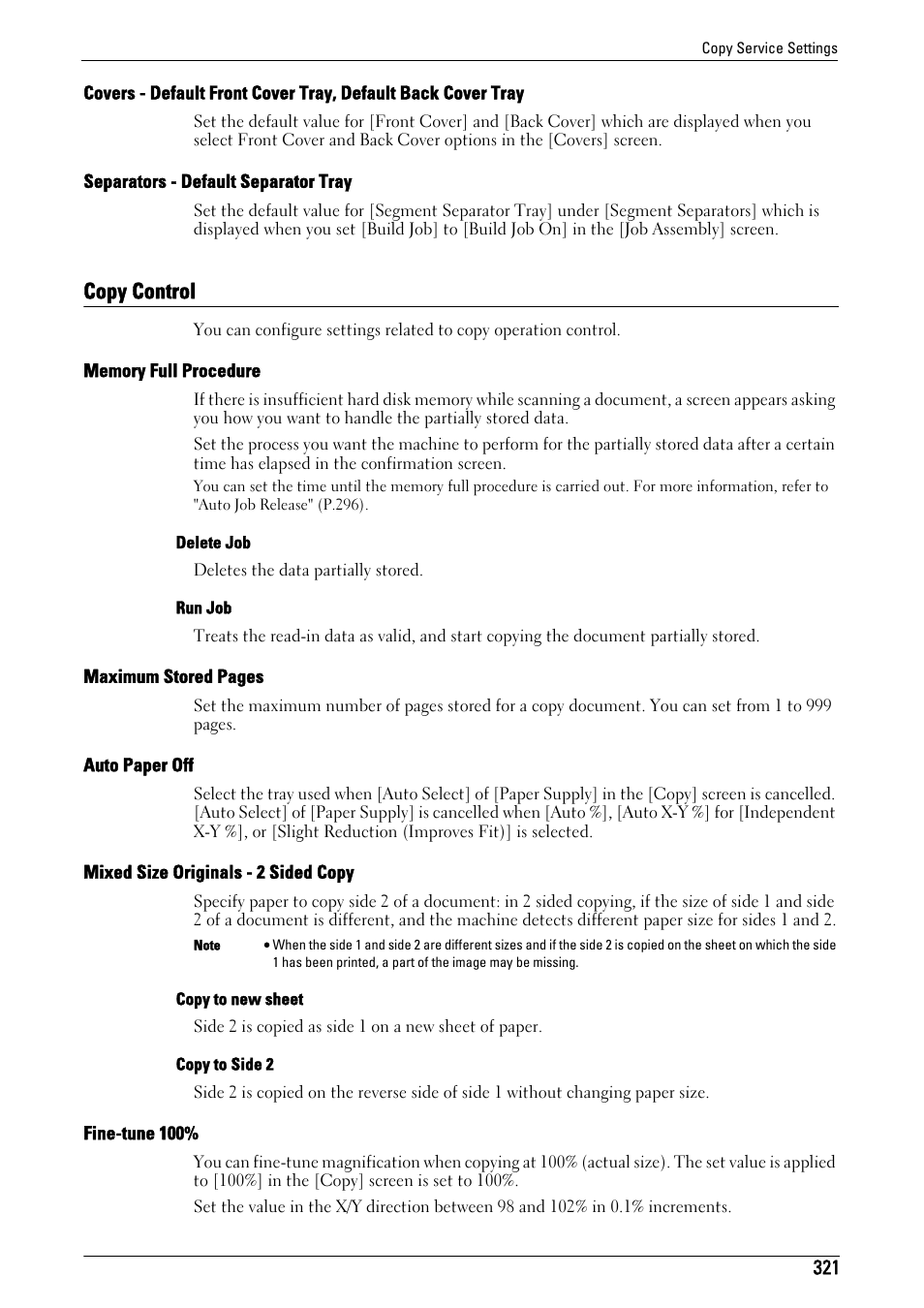 Copy control, Covers - default front cover tray, default back, Cover tray" (p.321) | Separators - default separator tray" (p.321), Copy control" (p.321), Memory full procedure" (p.321), Auto paper off" (p.321), Mixed size originals - 2 sided copy" (p.321), Fine-tune 100%" (p.321) | Dell C5765DN MFP Color Laser Printer User Manual | Page 321 / 675