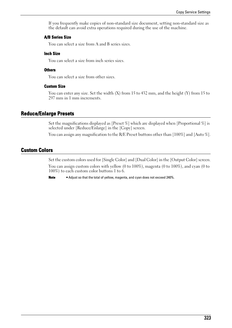 Reduce/enlarge presets, Custom colors, Reduce/enlarge presets custom colors | Refer to "custom colors" (p.323), Reduce/enlarge presets" (p.323), Custom colors" (p.323) | Dell C5765DN MFP Color Laser Printer User Manual | Page 323 / 675