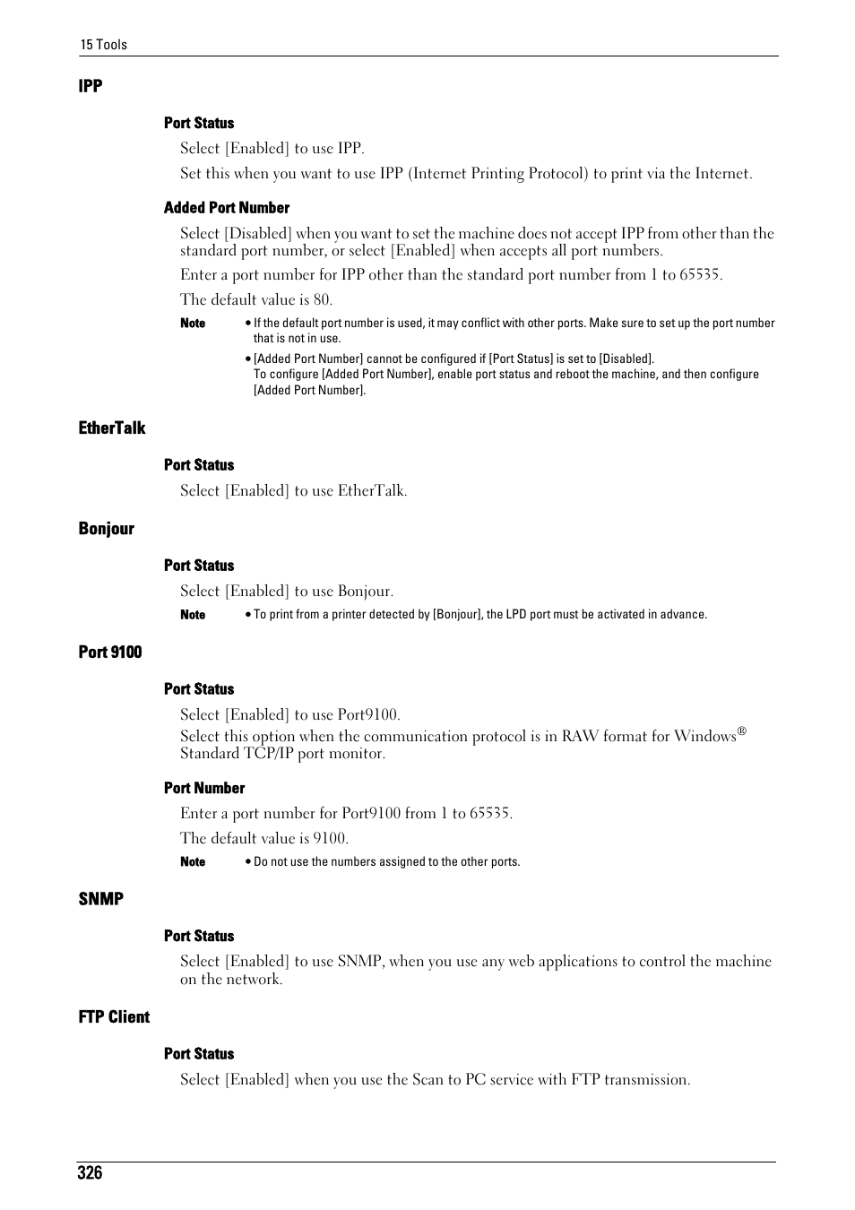 Ipp" (p.326), Ethertalk" (p.326), Bonjour" (p.326) | Port 9100" (p.326), Snmp" (p.326), Ftp client" (p.326) | Dell C5765DN MFP Color Laser Printer User Manual | Page 326 / 675
