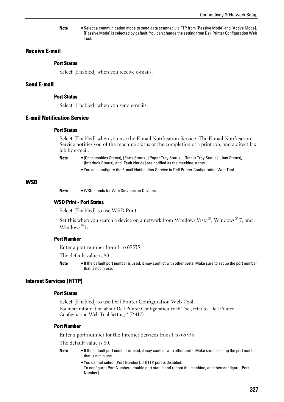 Receive e-mail" (p.327), Send e-mail" (p.327), E-mail notification service" (p.327) | Wsd" (p.327), Internet services (http)" (p.327) | Dell C5765DN MFP Color Laser Printer User Manual | Page 327 / 675