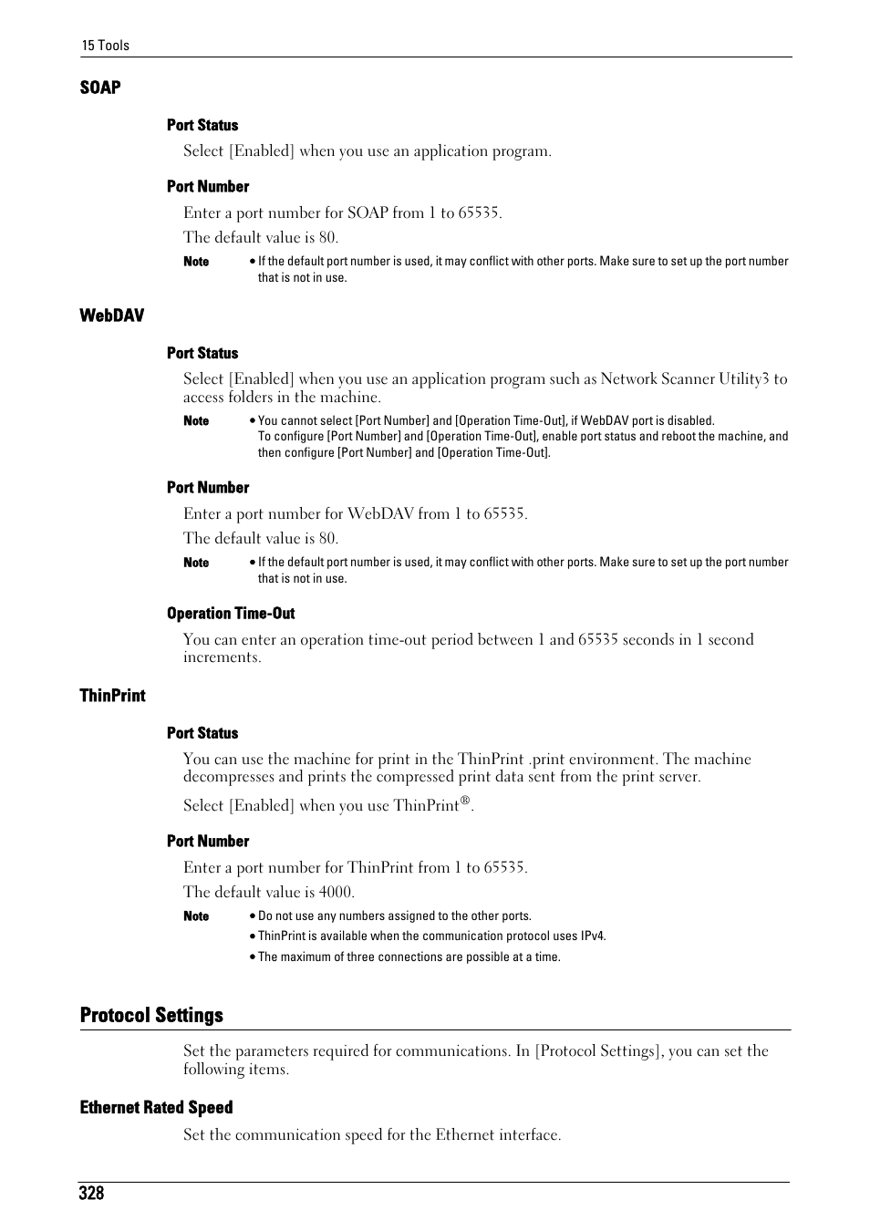 Protocol settings, Soap" (p.328), Webdav" (p.328) | Thinprint" (p.328), Protocol settings" (p.328), Ethernet rated speed" (p.328) | Dell C5765DN MFP Color Laser Printer User Manual | Page 328 / 675