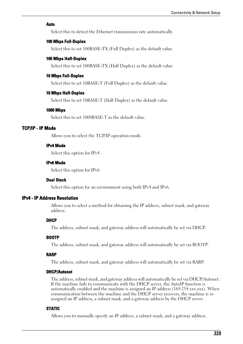Tcp/ip - ip mode" (p.329), Ipv4 - ip address resolution" (p.329) | Dell C5765DN MFP Color Laser Printer User Manual | Page 329 / 675