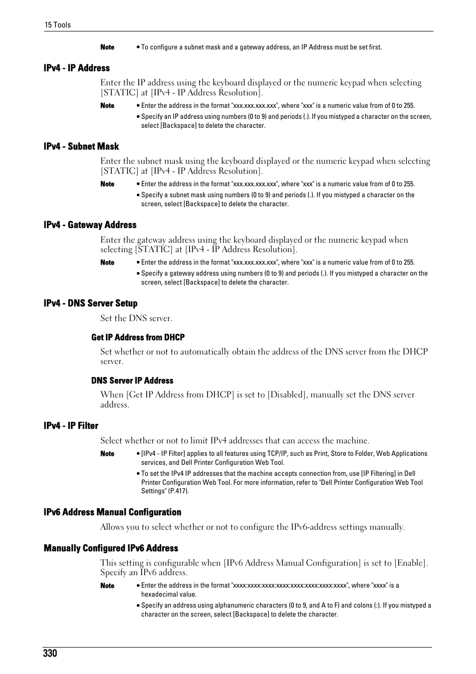 Ipv4 - ip address" (p.330), Ipv4 - subnet mask" (p.330), Ipv4 - gateway address" (p.330) | Ipv4 - dns server setup" (p.330), Ipv4 - ip filter" (p.330), Ipv6 address manual configuration" (p.330), Manually configured ipv6 address" (p.330) | Dell C5765DN MFP Color Laser Printer User Manual | Page 330 / 675