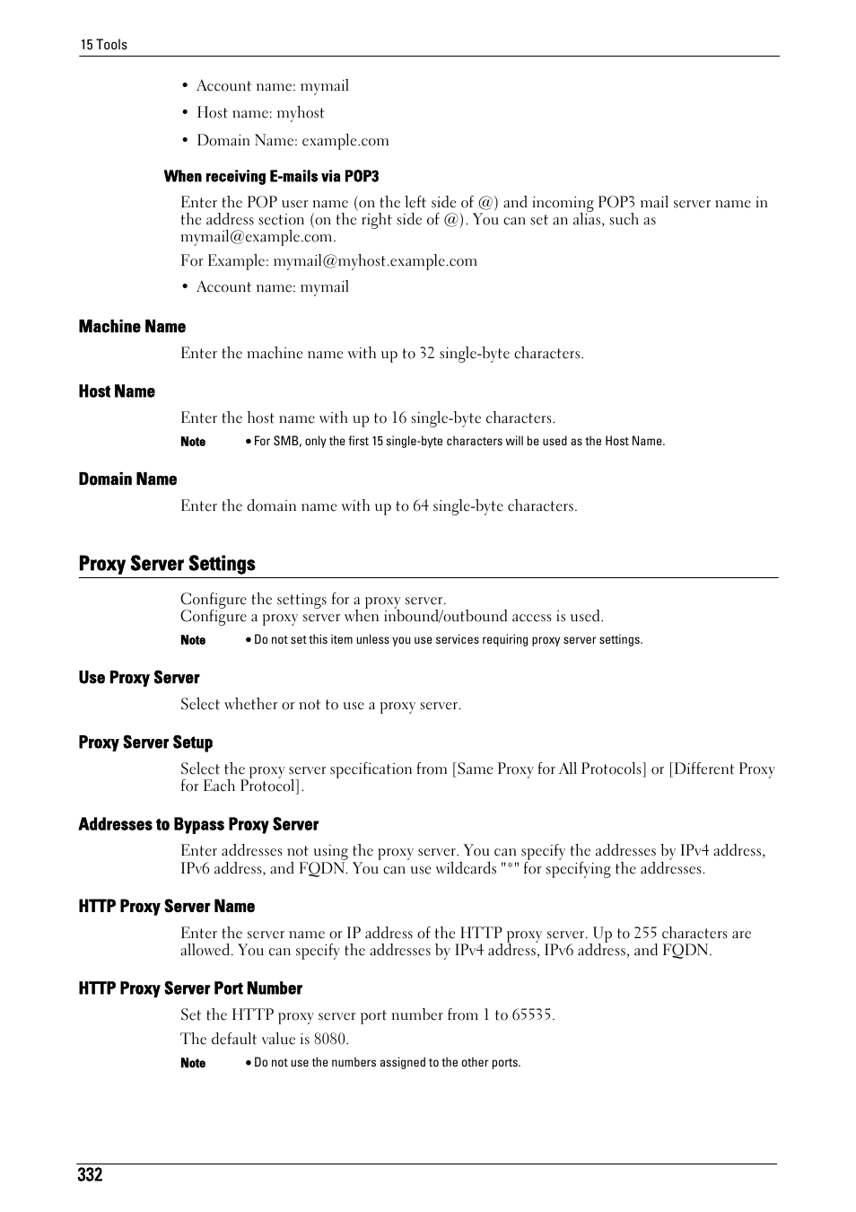 Proxy server settings, Machine name" (p.332), Host name" (p.332) | Domain name" (p.332), Proxy server settings" (p.332), Use proxy server" (p.332), Proxy server setup" (p.332), Addresses to bypass proxy server" (p.332), Http proxy server name" (p.332), Http proxy server port number" (p.332) | Dell C5765DN MFP Color Laser Printer User Manual | Page 332 / 675