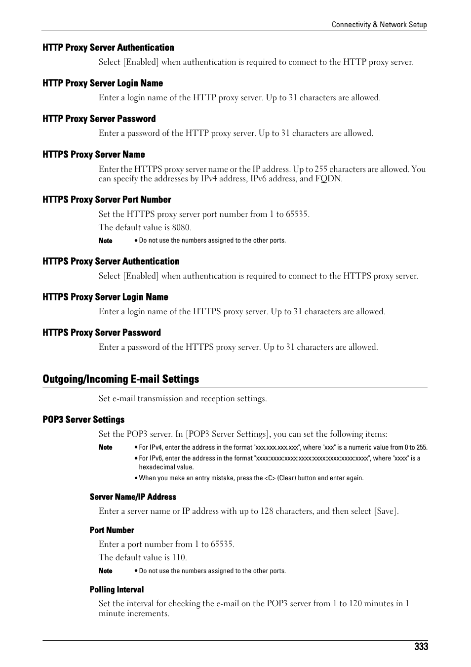 Outgoing/incoming e-mail settings, Http proxy server authentication" (p.333), Http proxy server login name" (p.333) | Http proxy server password" (p.333), Https proxy server name" (p.333), Https proxy server port number" (p.333), Https proxy server authentication" (p.333), Https proxy server login name" (p.333), Https proxy server password" (p.333), P.333) | Dell C5765DN MFP Color Laser Printer User Manual | Page 333 / 675