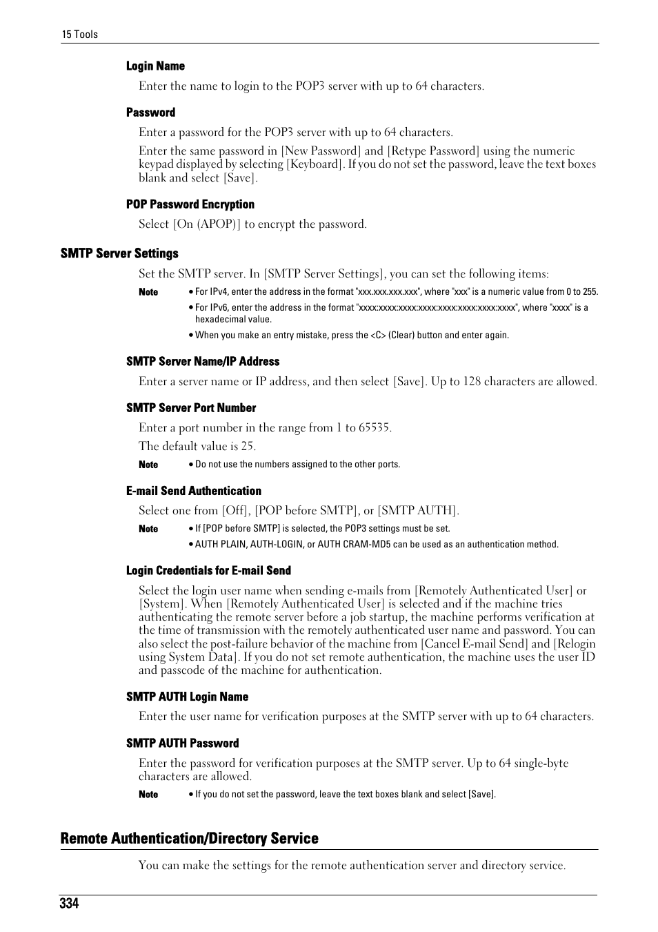 Remote authentication/directory service, Smtp server settings" (p.334), Remote authentication/directory | Service" (p.334) | Dell C5765DN MFP Color Laser Printer User Manual | Page 334 / 675
