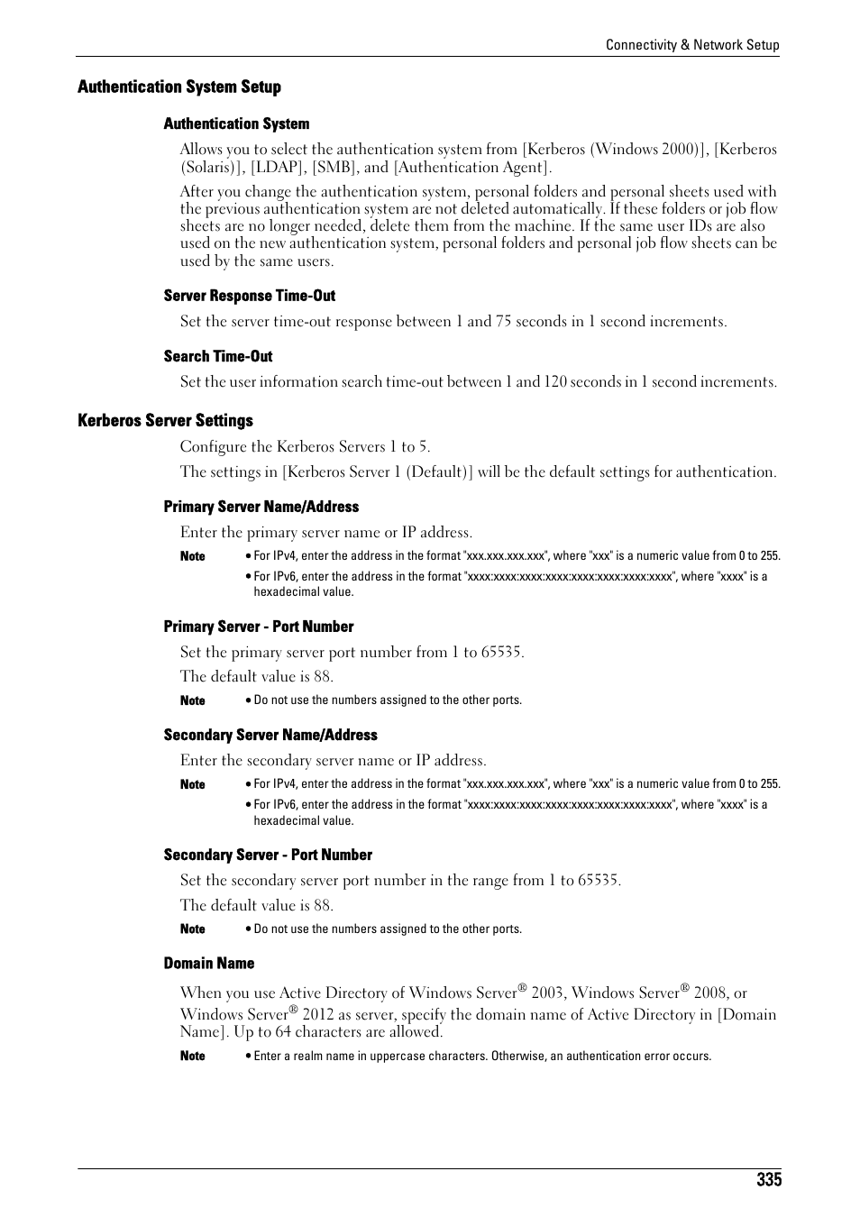 Authentication system setup" (p.335), Kerberos server settings" (p.335) | Dell C5765DN MFP Color Laser Printer User Manual | Page 335 / 675