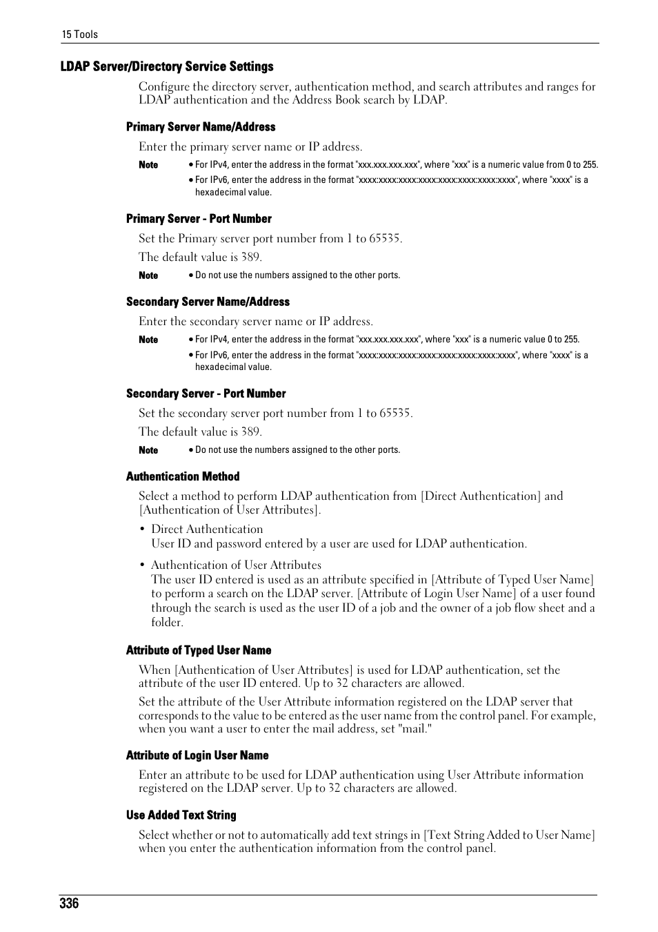 Ldap server/directory service settings" (p.336) | Dell C5765DN MFP Color Laser Printer User Manual | Page 336 / 675